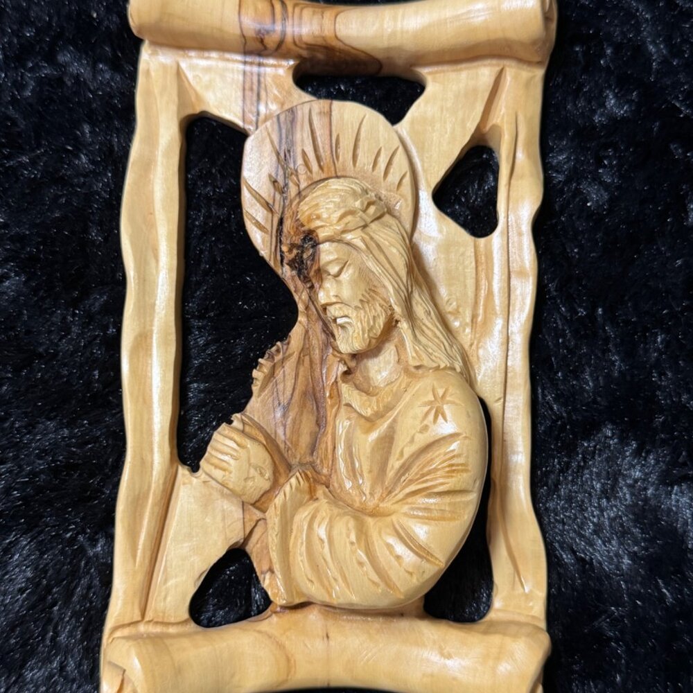 Made In Bethlehem Holy Land Hand-Carved Olive Wood Jeus Halo Plaque